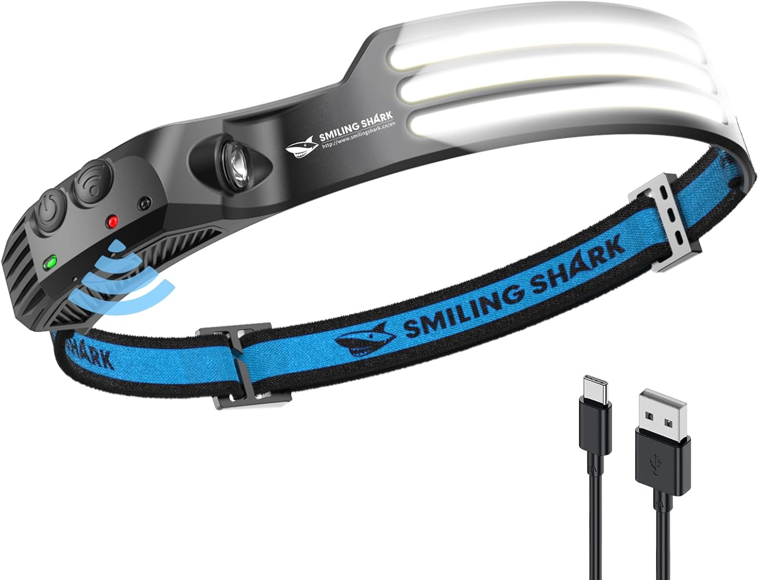 Headlamp with blue strap and USB cable on a white background