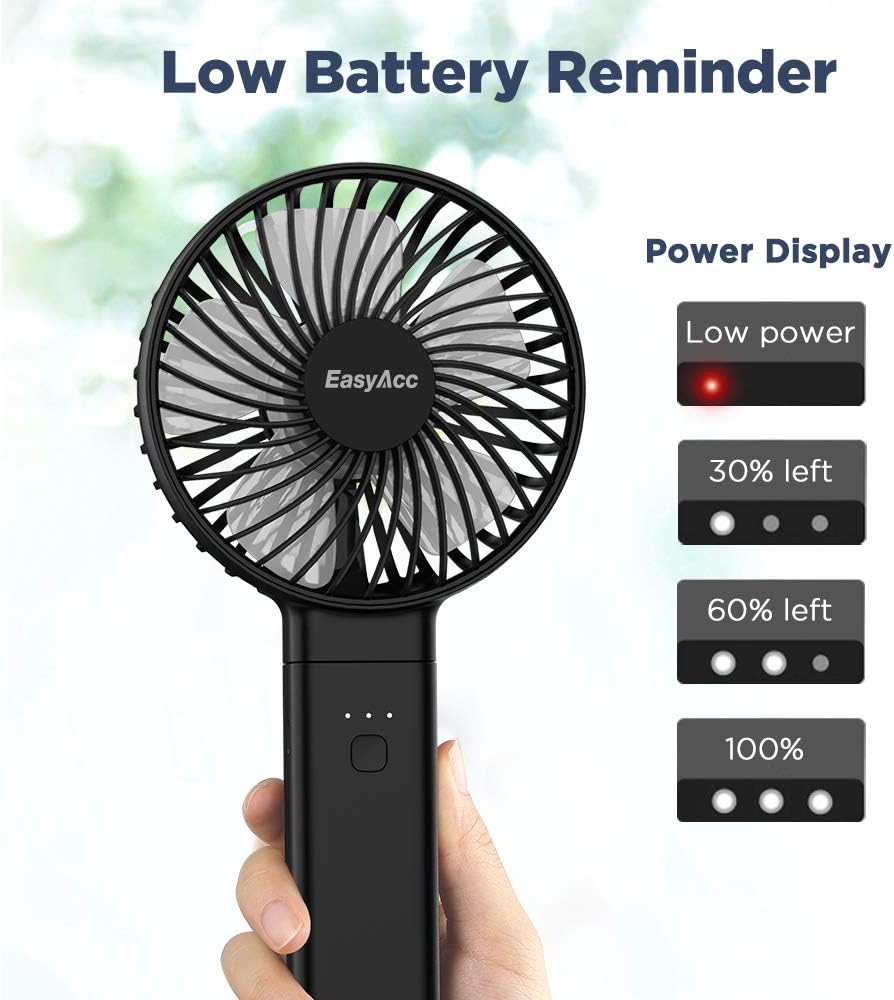 EasyAcc Handheld Fan, Portable USB Fan [Powerful Wind & Quick Cool] Up to 17H 4 Speeds Personal Fan with One Touch Power Off Rechargeable Battery Foldable Adjustable for Home Office Travel-Black