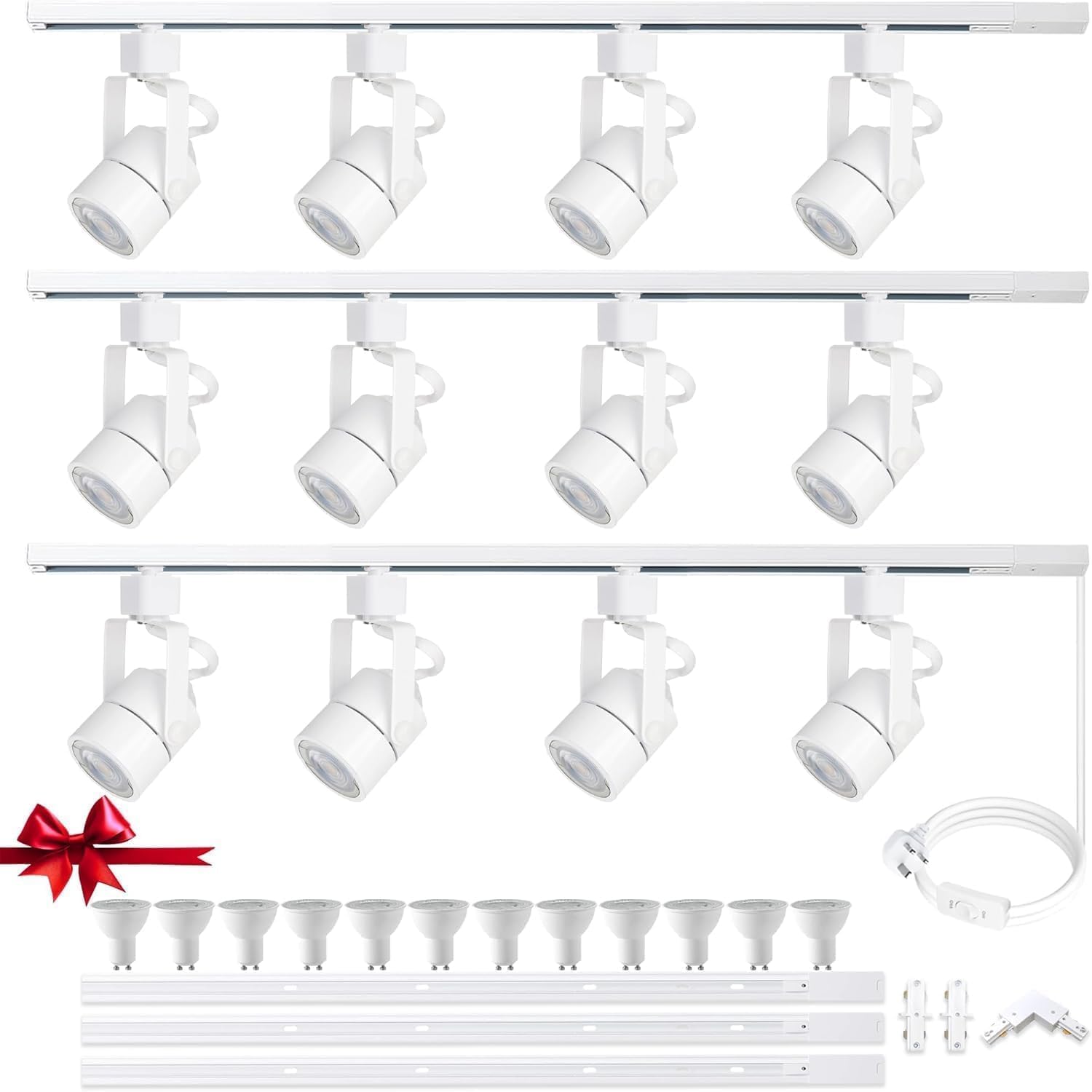 Set of white track lights with accessories on a white background