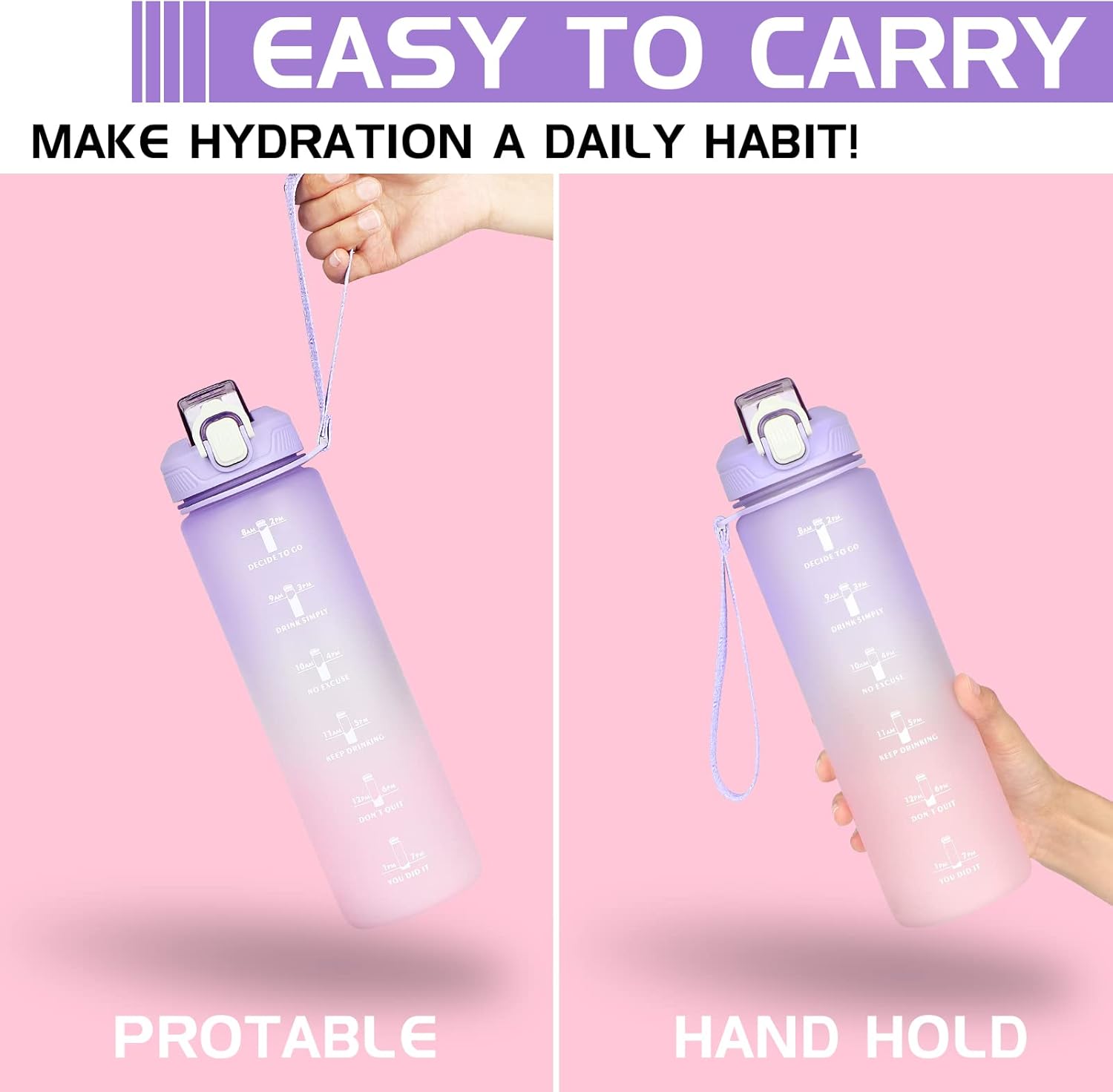Motivational Sports Water Bottle – Leakproof BPA-Free Bottle with Straw & Time Markers