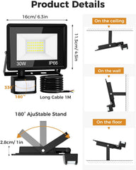 LED flood light with specifications and usage instructions on a white background