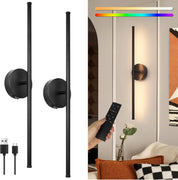 Black wall-mounted light fixture with remote control in a living room setting
