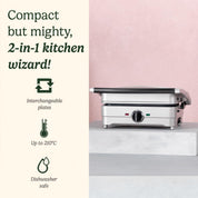 Waffle & Pancake Maker – Electric Grill with Even Cooking, Non-Stick Removable Interchangeable Plates, Dishwasher Safe, 210°C – Frosted Pearl