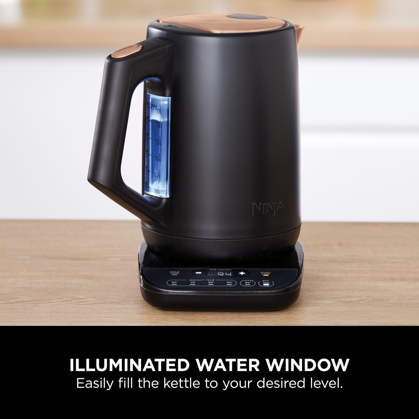 Ninja Perfect Temperature Kettle 1.7L – LED Display, Rapid Boil, Temperature Control & Keep Warm – Black & Copper