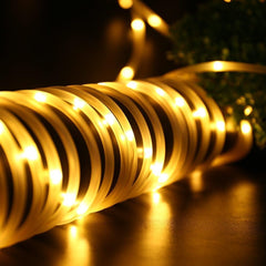 Coiled string of lights on a reflective surface at night