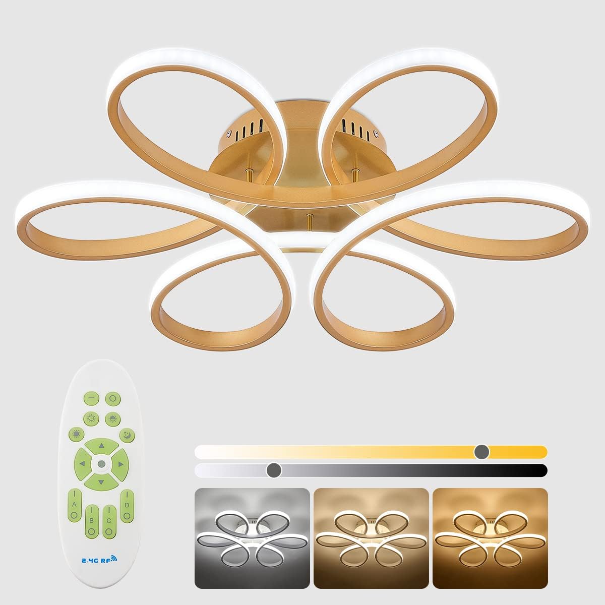 Modern ceiling light fixture with remote control and color options on a gray background