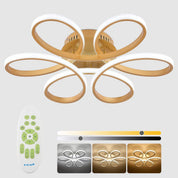 Modern ceiling light fixture with remote control and color options on a gray background