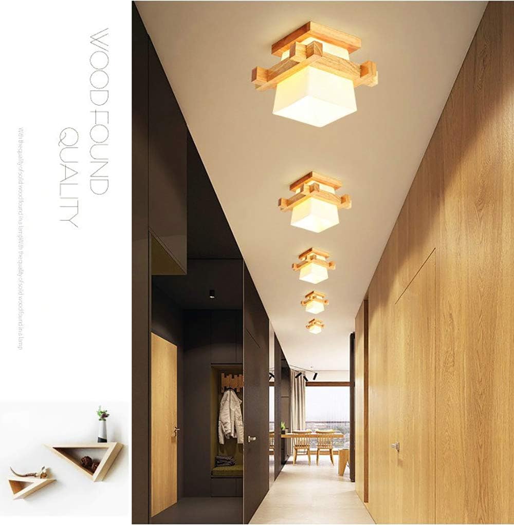 Wood Ceiling Light, Simple Japanese Tatami Style E27 Wooden Lamp with Glass Shade, Modern Ceiling Light Fixture for Hallway, Porch, Balcony, and Bedroom