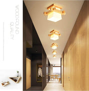 Wood Ceiling Light, Simple Japanese Tatami Style E27 Wooden Lamp with Glass Shade, Modern Ceiling Light Fixture for Hallway, Porch, Balcony, and Bedroom
