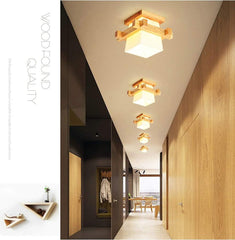 Wood Ceiling Light, Simple Japanese Tatami Style E27 Wooden Lamp with Glass Shade, Modern Ceiling Light Fixture for Hallway, Porch, Balcony, and Bedroom
