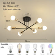 Ceiling light fixture with dimensions and bulb compatibility on a beige background