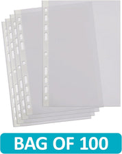 A4 Clear Punched Pockets, 100-Pack Plastic Sleeves, 40 Micron Reinforced Spine