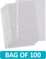A4 Clear Punched Pockets, 100-Pack Plastic Sleeves, 40 Micron Reinforced Spine
