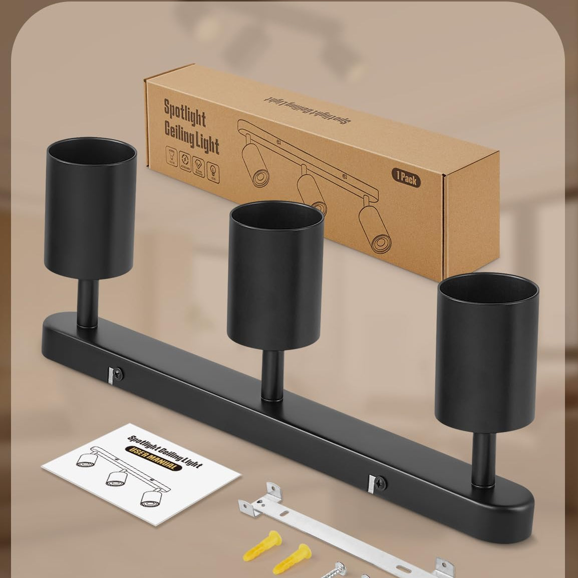 Black three-light fixture with packaging, installation manual, and tools on a beige background