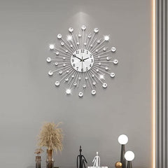 Crystal Diamond Flower Wall Clock, 50cm Silent Modern Metal Wall Art for Home Décor