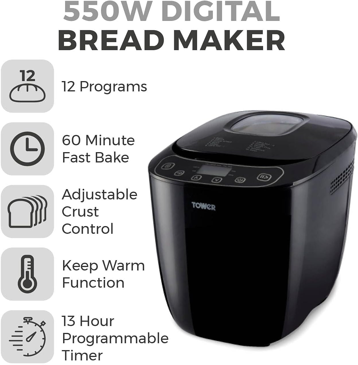 Digital Bread Maker 550W with 12 Programs, 13H Delay Timer, 60 Min Keep Warm, Non-Stick Pan & Crust Control – Black