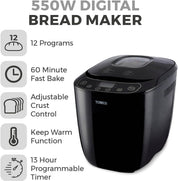 Digital Bread Maker 550W with 12 Programs, 13H Delay Timer, 60 Min Keep Warm, Non-Stick Pan & Crust Control – Black