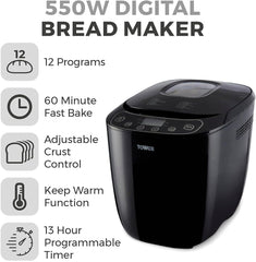 Digital Bread Maker 550W with 12 Programs, 13H Delay Timer, 60 Min Keep Warm, Non-Stick Pan & Crust Control – Black