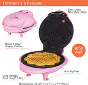 Heart Shaped Waffle Maker – 1000W, Non-Stick Plates, Easy Clean, Thermostatic Design, 25x22cm, Pink
