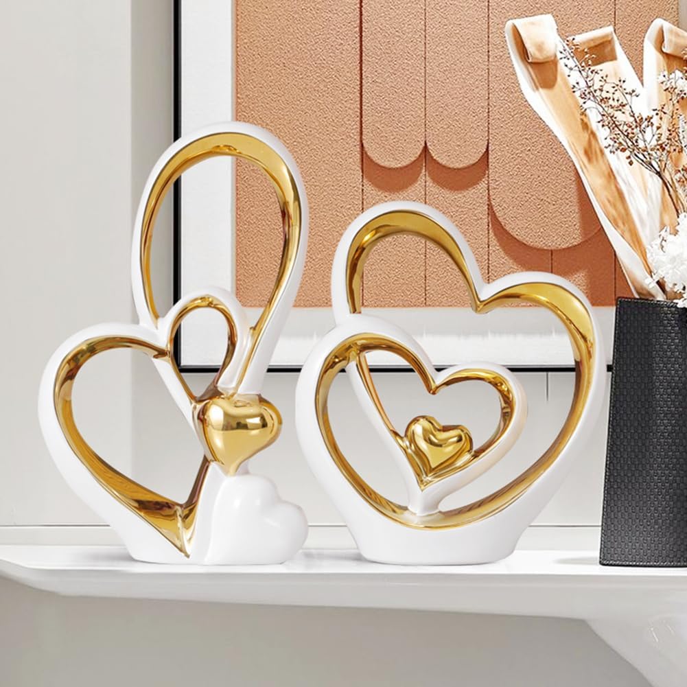Double Heart Ceramic Ornament – Modern Home Décor Statue & Gift for Living Room or Office