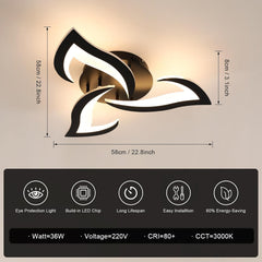 Ceiling light fixture with dimensions and features displayed on a beige background