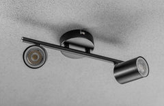Modern ceiling light fixture with two cylindrical lights on a gray background