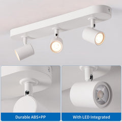 Ceiling light fixture with three spotlights on a white background