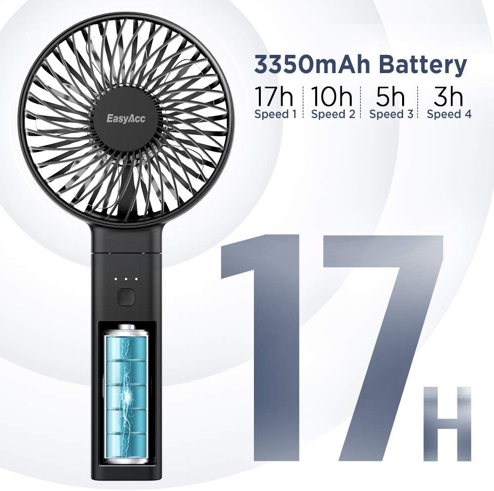 EasyAcc Handheld Fan, Portable USB Fan [Powerful Wind & Quick Cool] Up to 17H 4 Speeds Personal Fan with One Touch Power Off Rechargeable Battery Foldable Adjustable for Home Office Travel-Black