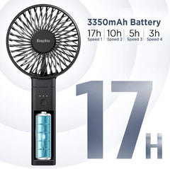 EasyAcc Handheld Fan, Portable USB Fan [Powerful Wind & Quick Cool] Up to 17H 4 Speeds Personal Fan with One Touch Power Off Rechargeable Battery Foldable Adjustable for Home Office Travel-Black