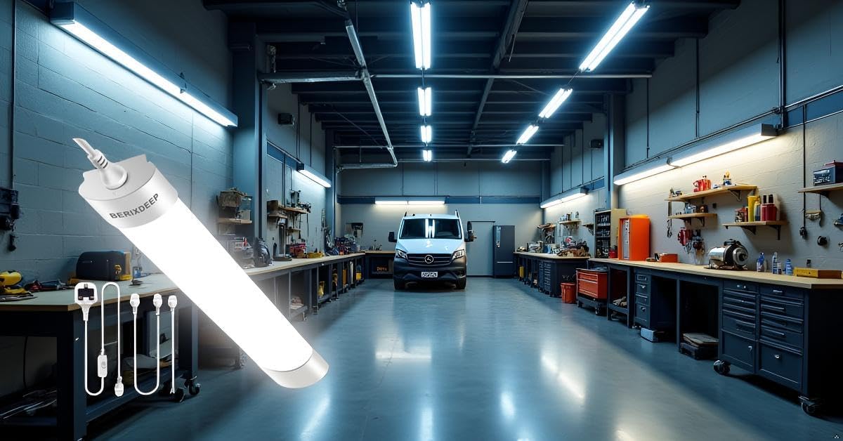 Workshop with fluorescent light fixture and van in the background
