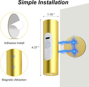 Gold cylindrical device with adhesive and magnetic attraction features on a white background