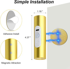 Gold cylindrical device with adhesive and magnetic attraction features on a white background