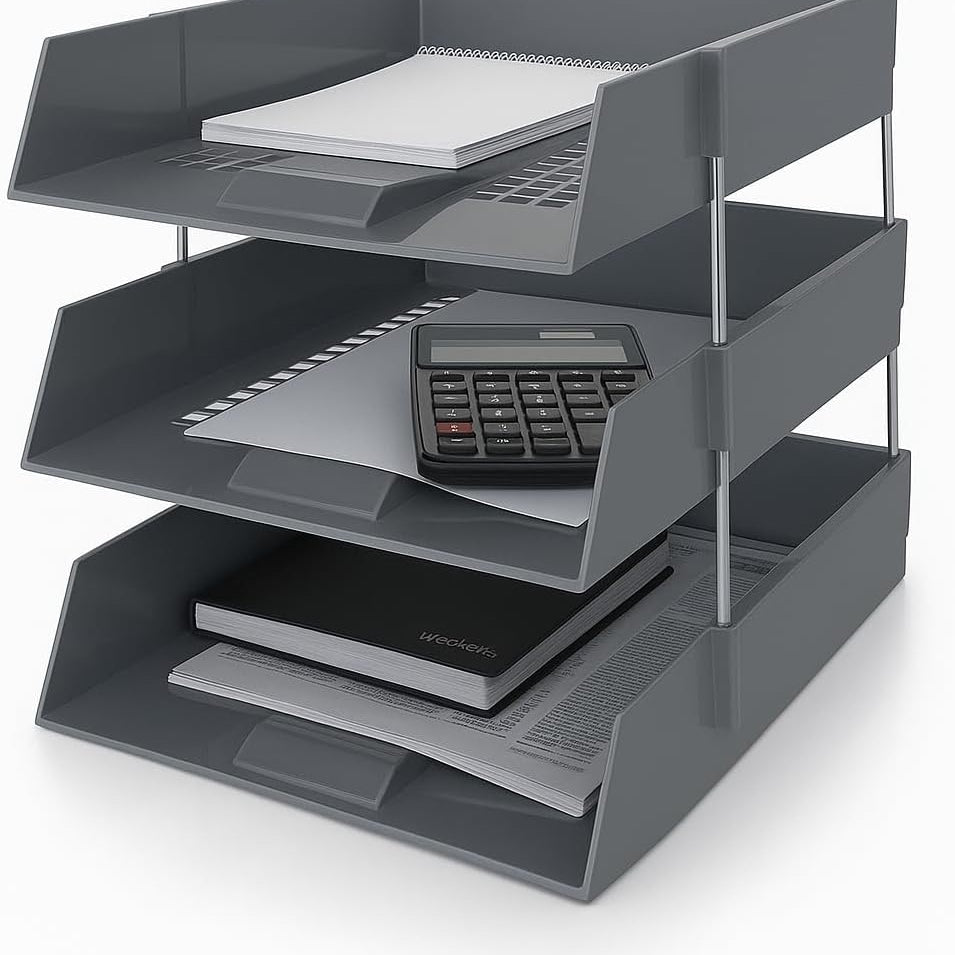 3-Tier A4 Letter Tray Document Organiser – Stackable Plastic Desktop File Holder, Black