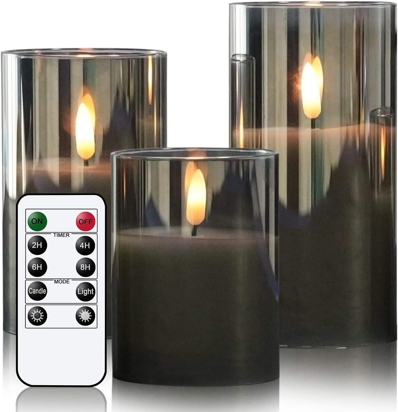 Gray Glass LED Candles with Remote – Battery Operated, Flickering Flameless, 3-Pack for Home Decor (D3"x H4", 5", 6")