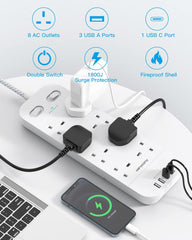 8-Way Extension Lead with 4 USB Ports, 1800J Surge Protected Power Strip 1.8M