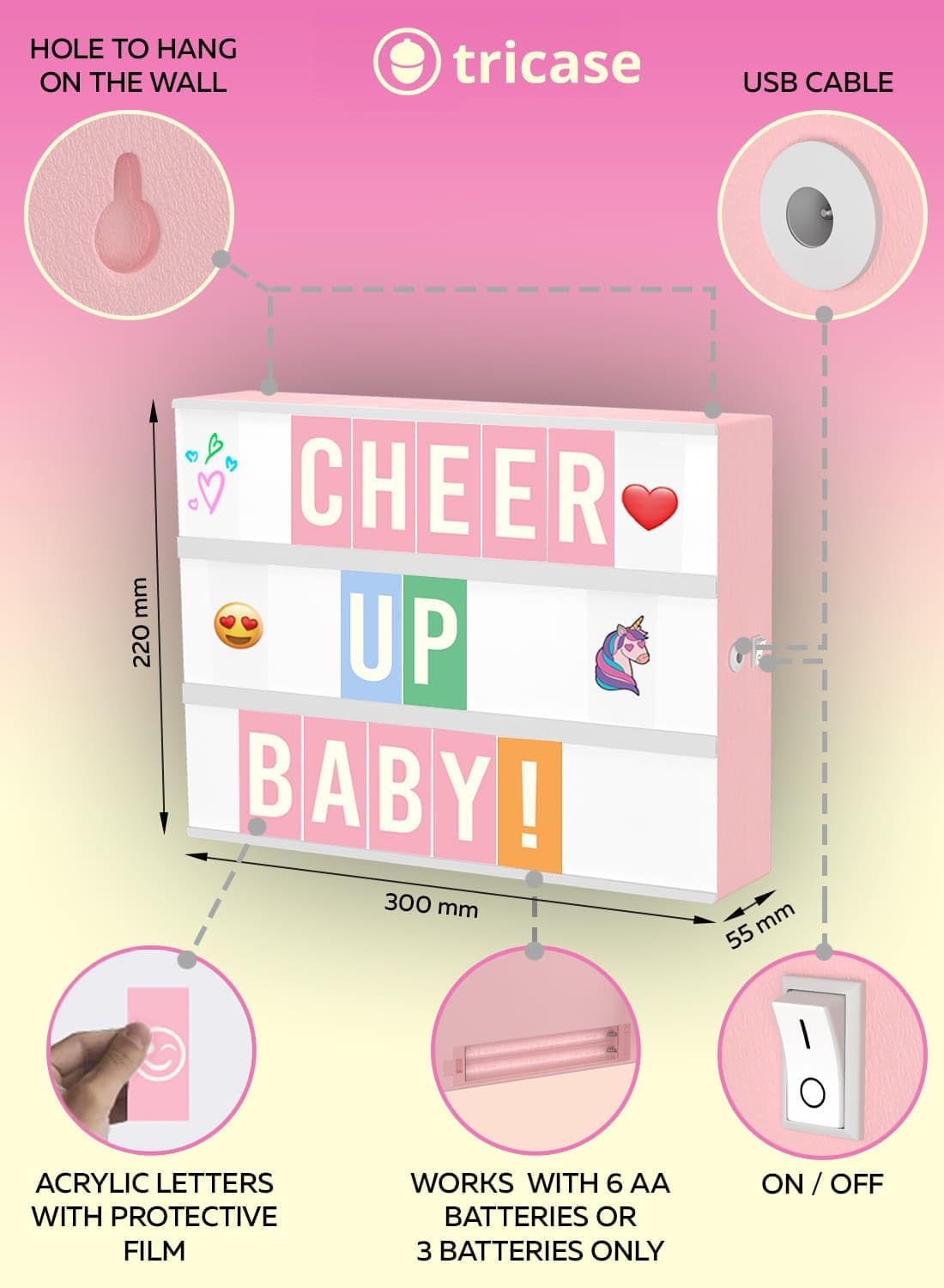 Pink A4 LED Lightbox with 312 Letters & Emoji, USB Powered