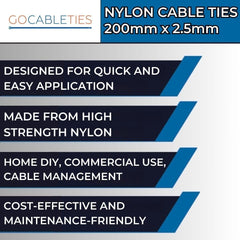 Black Nylon Cable Ties 200mm x 4.8mm Pack of 100