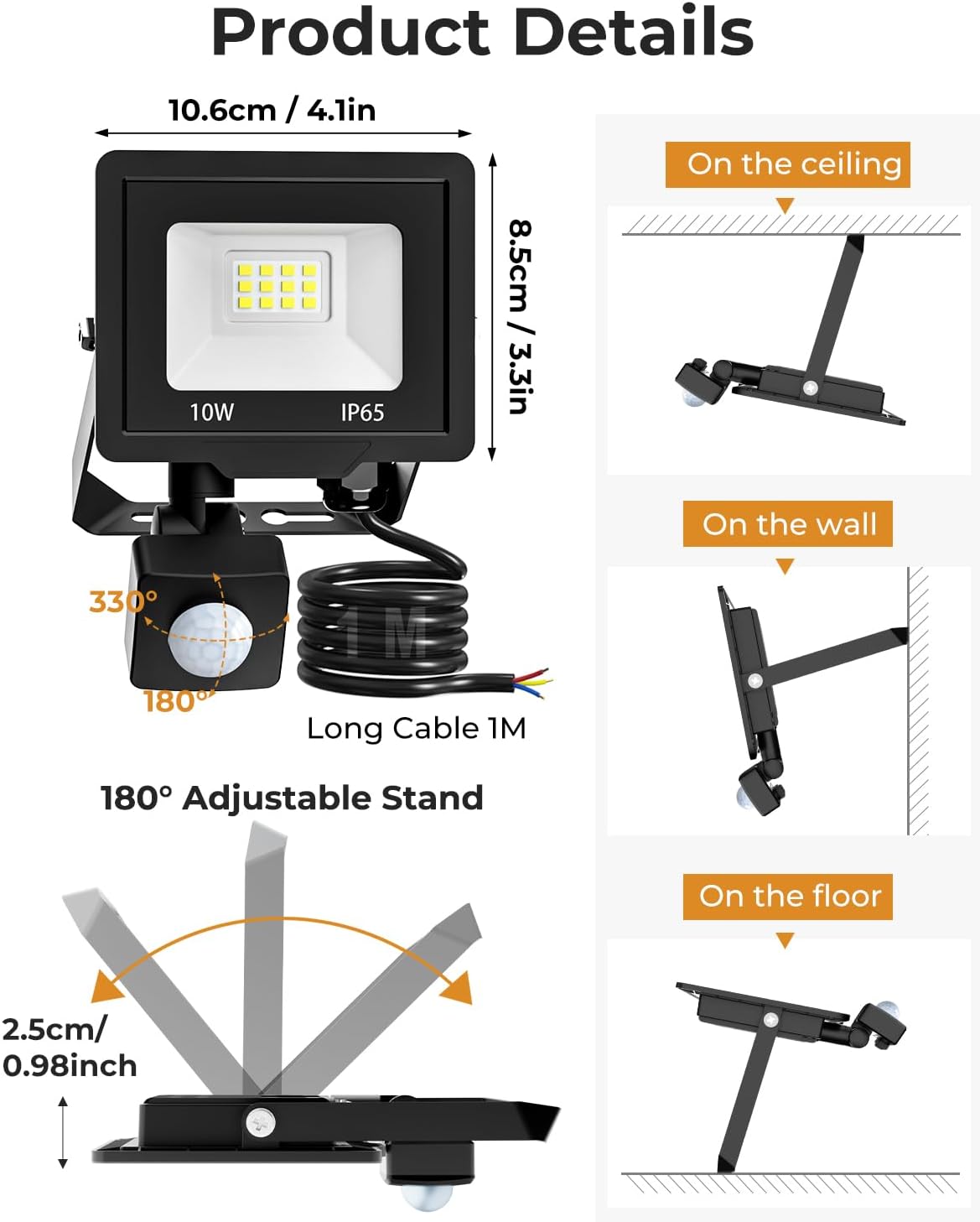 Security Lights Outdoor PIR Motion Sensor 10W LED Floodlight Waterproof for Garden Garage Patio
