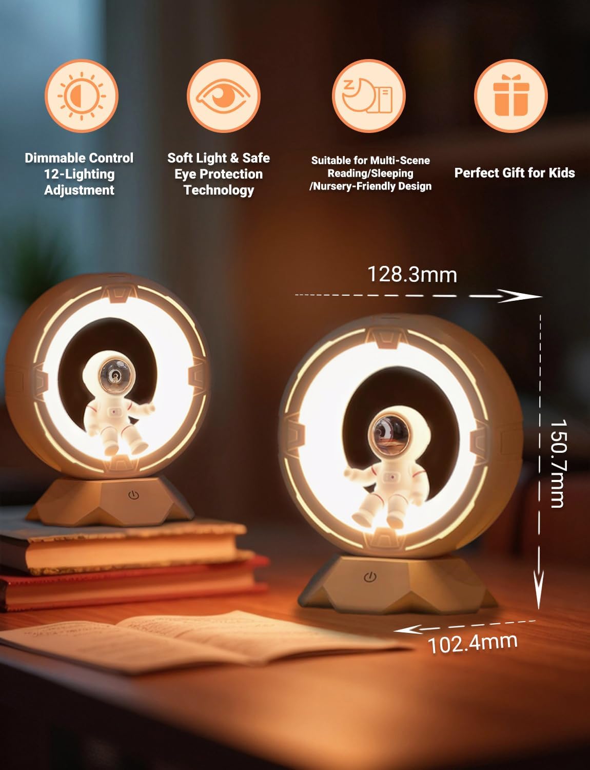 Astronaut Kids Night Light, Rechargeable Dimmable Space Lamp with 12-Level Cold & Warm Touch Control, Portable LED Nursery Bedside Nightlight for Children, Toddler, Bedroom, Living Room