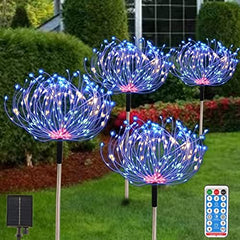 4 Pack Solar Firefly Lights – 8 LED Swaying Starburst Lights with 8 Modes & Remote Control, Waterproof Garden Decor, Warm White