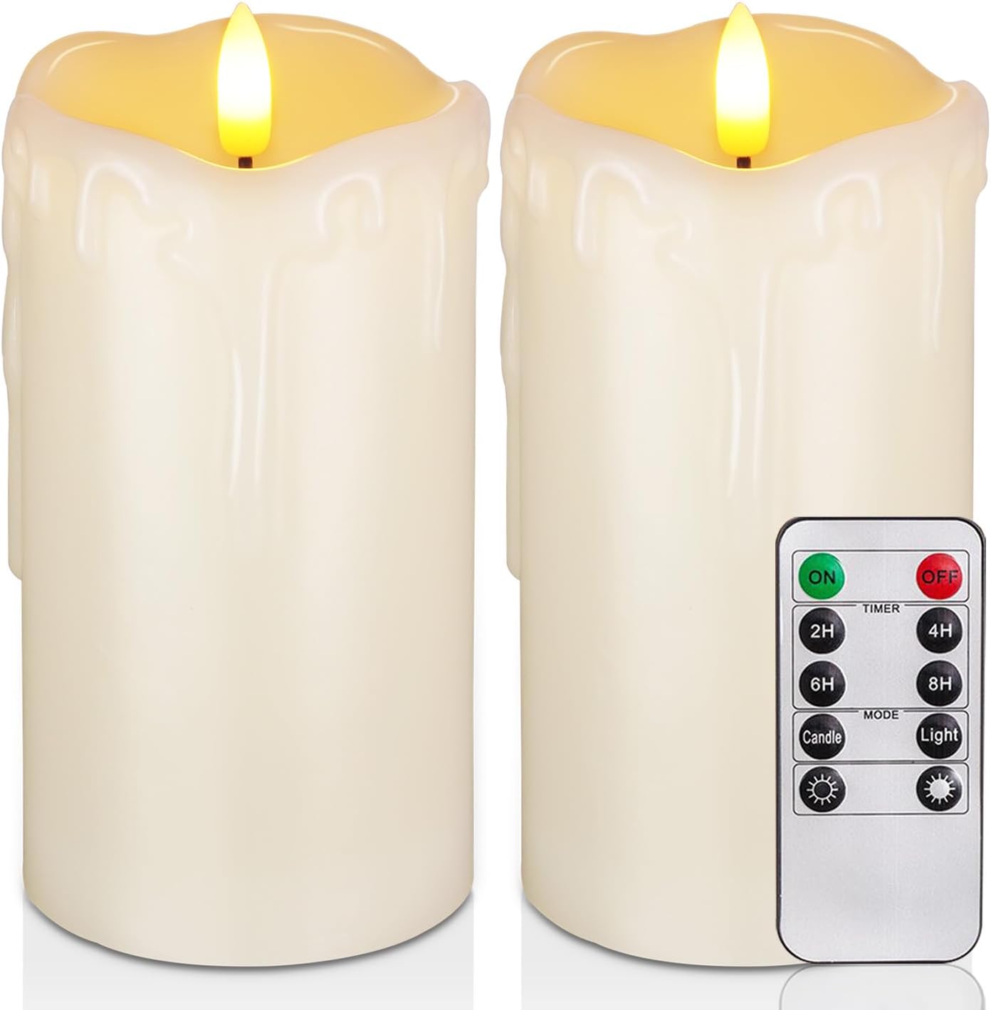 Dripping Wax Flameless Candles, Battery Operated Candles with Remote Control and Timers, LED Pillar Candles, Electric Fake Candles, 3" x 6", Set of 2