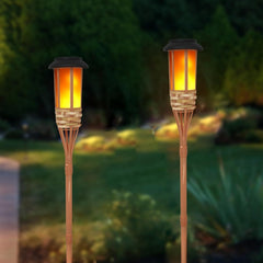 Flickering Flames Solar Powered Lights Outdoor, Waterproof 12LED Bamboo Solar Torch Lights Landscape Garden Decorative Lighting for Courtyard Pathway Fence Lawn Lamp Spotlights (2PCS)