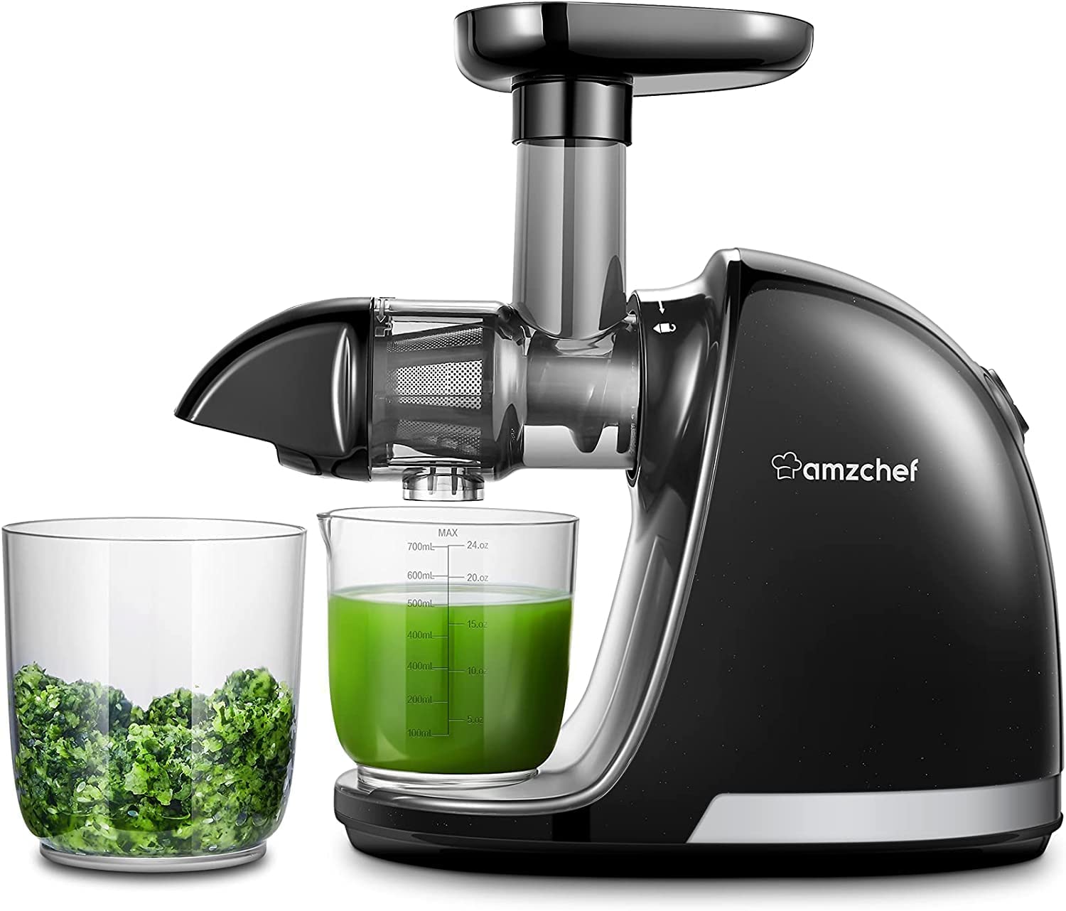 AMZCHEF Juicer Machines - Cold Press Slow Juicer - Masticating Juicer for Whole Fruits and Vegetables - Delicate Chew No Need to Filter - BPA Free Juice Extractor with 2 Cups and Brush - Black