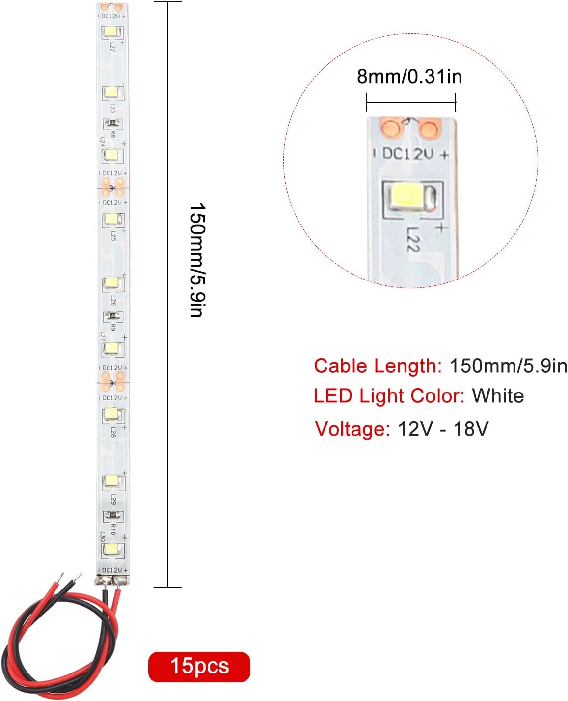 15 PCS 150mm Prewired LED Strip Lights 12V-18V Flexible White SMD