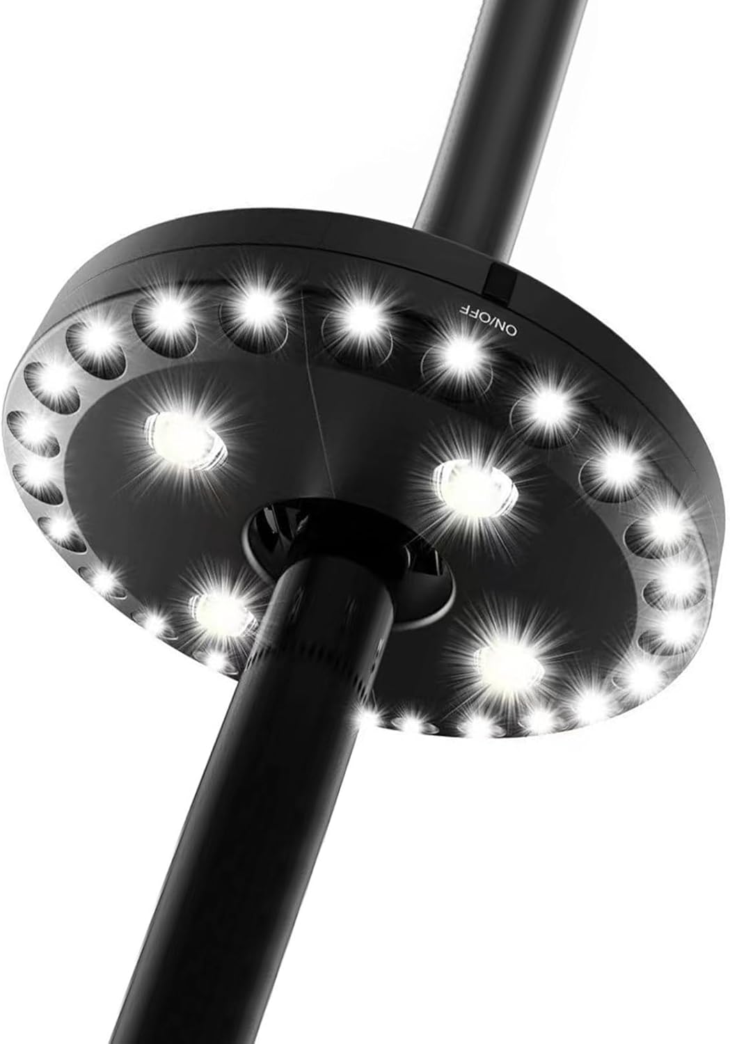 LED Parasol Umbrella Lights, 28 Clear Bulbs, Battery Operated with 3-Level Dimming, for Outdoor Patio, Backyard, and Camping Tents (Black)