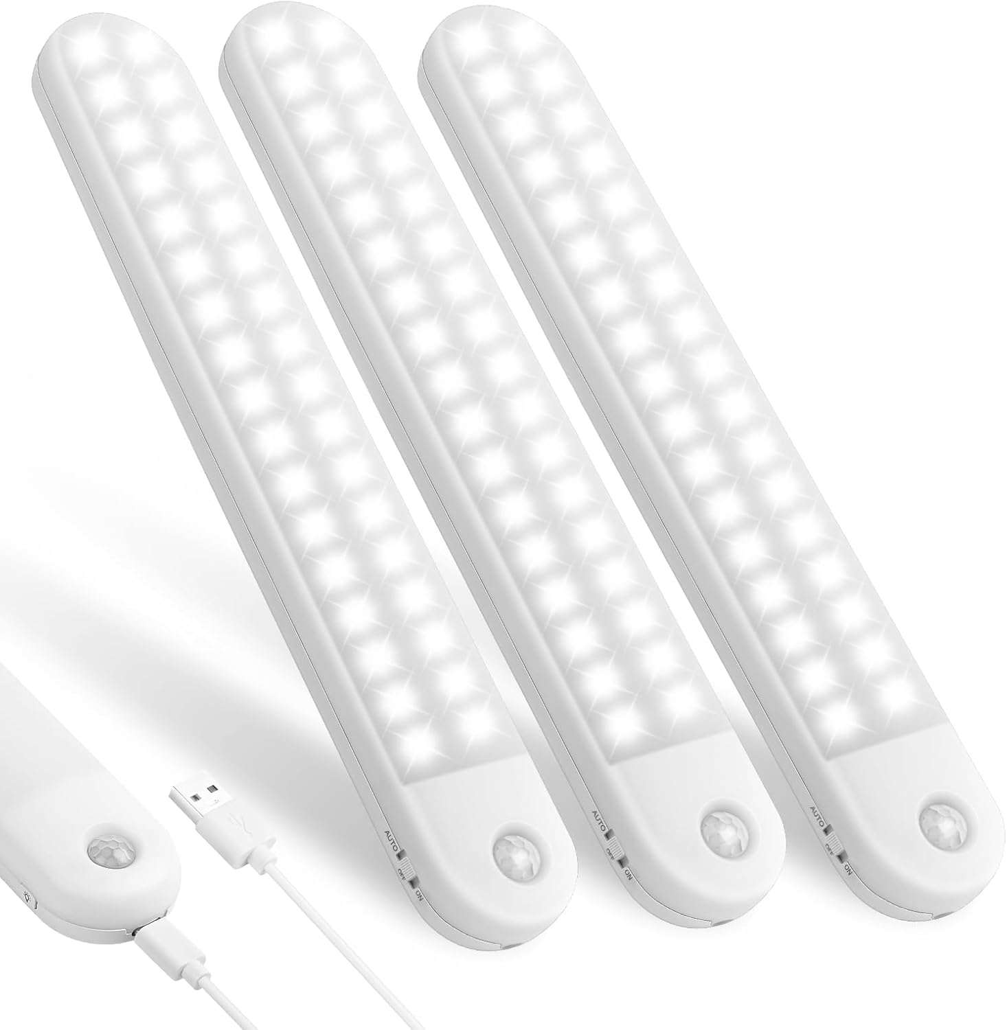 Wireless Under Cupboard Light, 3-Pack, 72 LED USB Rechargeable, Motion Sensor, Stick-On Lights for Closet, Wardrobe, Hallway