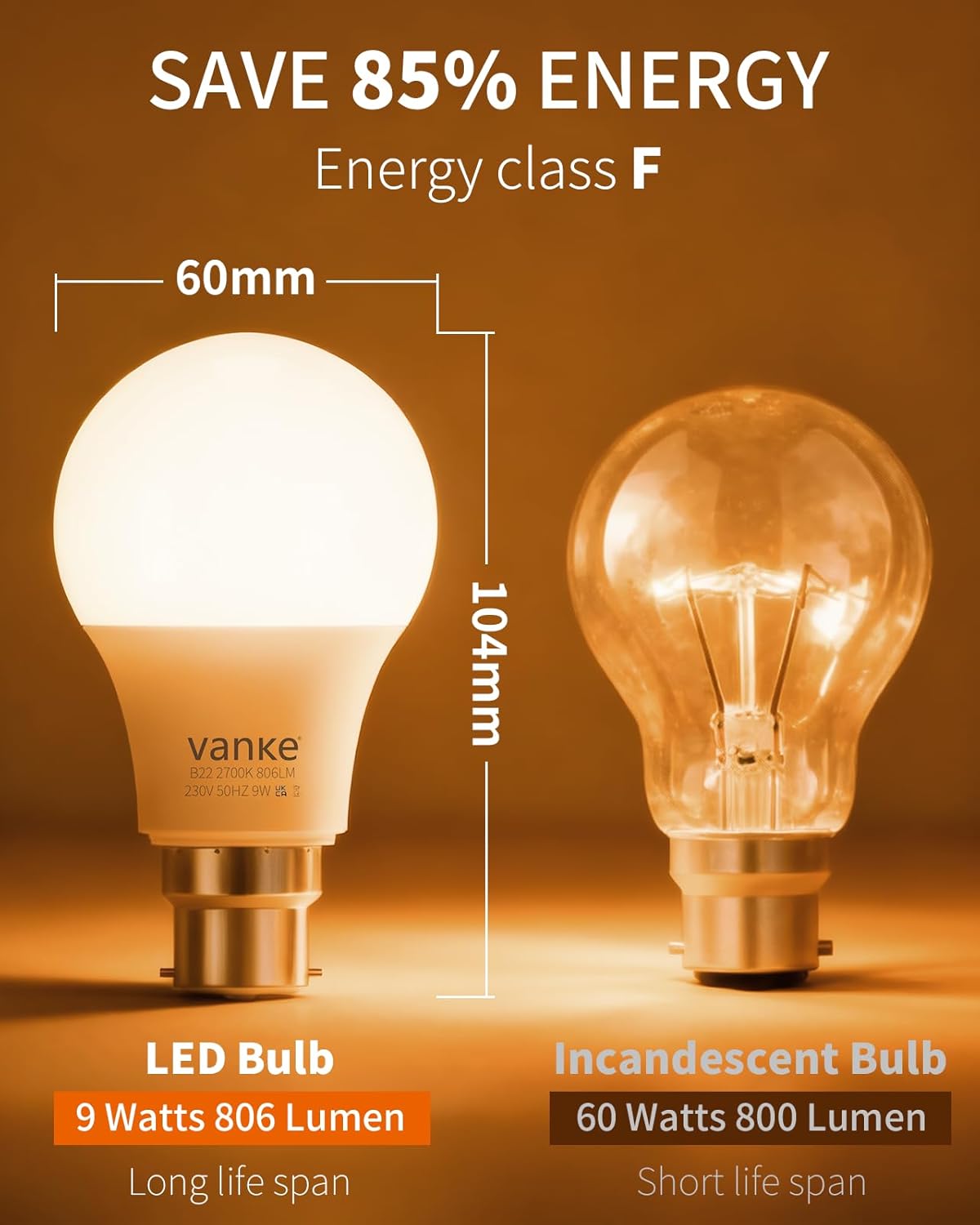 Vanke B22 LED Bulb 60W Equivalent Warm White 3-Pack
