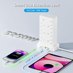 12-Way Tower Extension Lead 3M with 3 USB-C & 3 USB-A Ports, 4 Switches, 13A 3250W