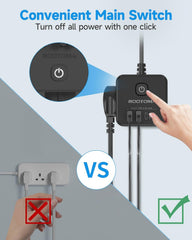 Rootoma power strip with convenient main switch on a gray and white background