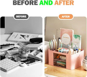 7-Grid Creative Desk Organiser with Drawer – Pink Plastic Pen & Table Storage Box